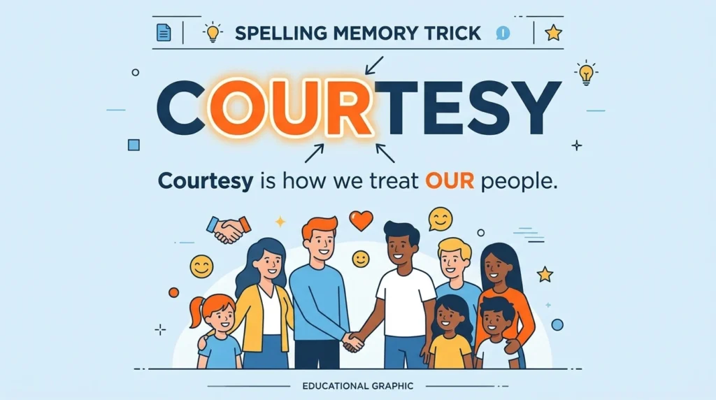 Courtesy spelling memory trick showing OUR inside courtesy