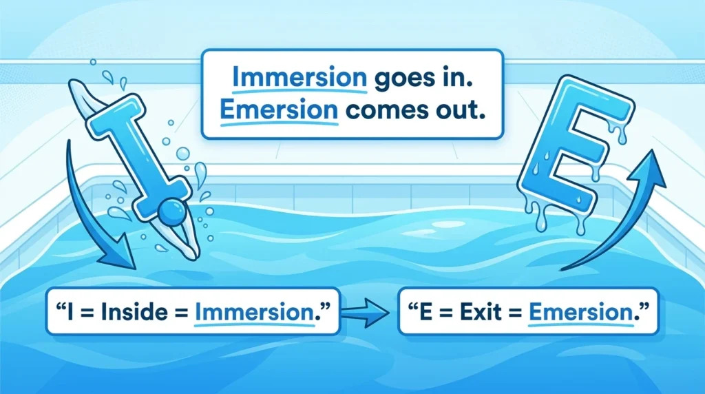 Memory trick showing I for inside and immersion and E for exit and emersion.