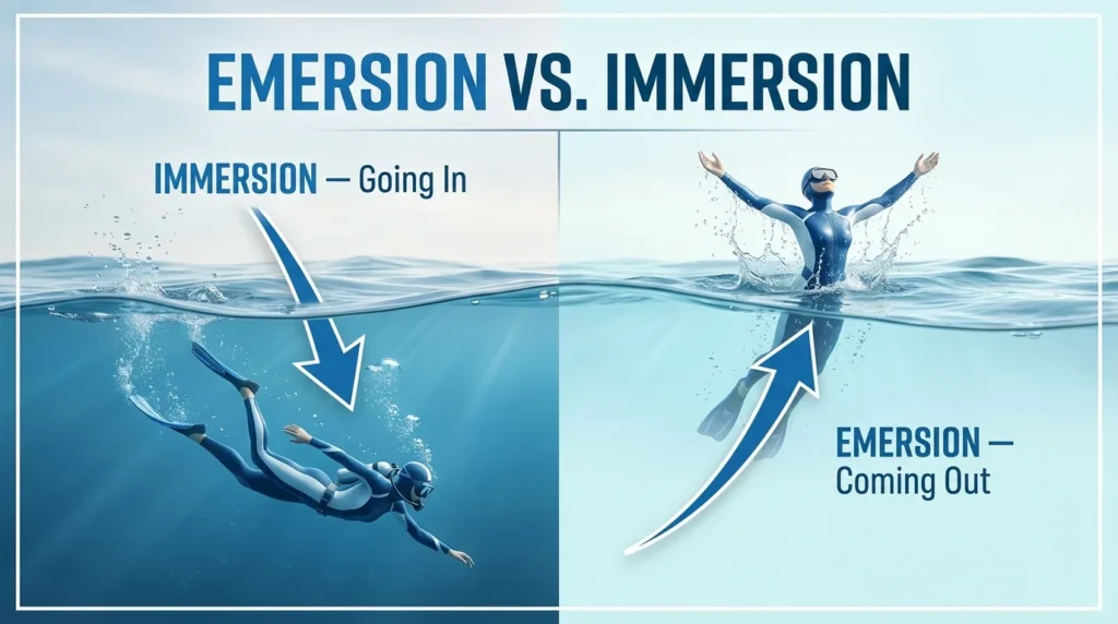 Emersion vs immersion differences showing immersion going underwater and emersion coming out of water.
