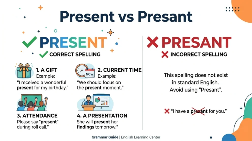 Present vs Presant Differences: Meaning, Spelling, and Correct Usage