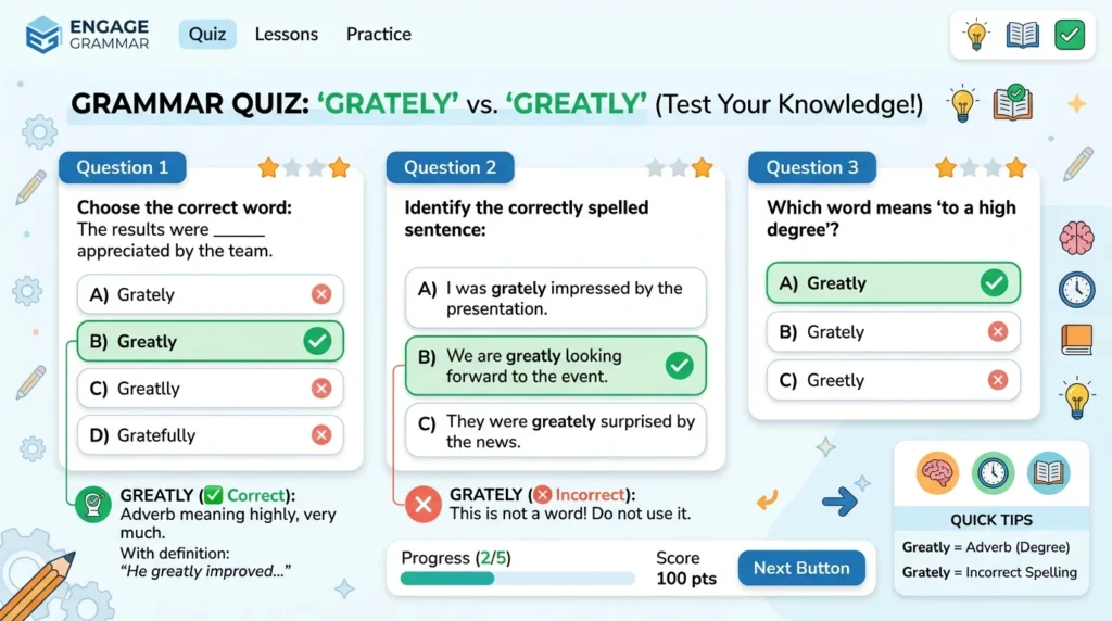 "Grately vs greatly grammar quiz"