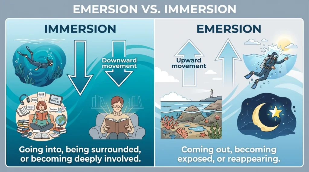 Comparison of emersion and immersion meanings with examples of going in and coming out.