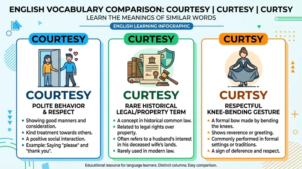 Courtesy vs curtesy vs curtsy meaning comparison