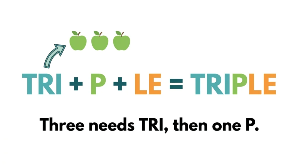 Three needs TRI, then one P: TRI-P-LE.