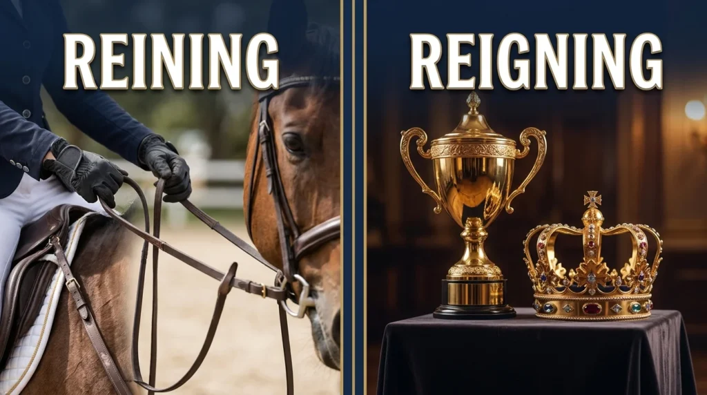 Image Prompt 3: Memory Trick Graphic Create a simple, memorable educational illustration for English learners showing how to remember “reining” versus “reigning.” On one side, depict a horse with reins and the word “REINING,” connected visually to the word “CONTROL.” On the other side, depict a crown and championship trophy with the word “REIGNING,” connected visually to “RULE.” Add a small, clear reminder at the bottom: “Rein = Control | Reign = Rule.” Use friendly but professional illustrations, high contrast, clean typography, a light background, and an uncluttered layout suitable for a grammar blog. All spelling must be accurate. No watermarks or unnecessary text.