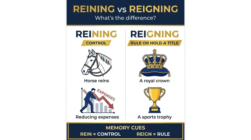 Reining vs Reigning: Meaning, Examples, and the Right Spelling.